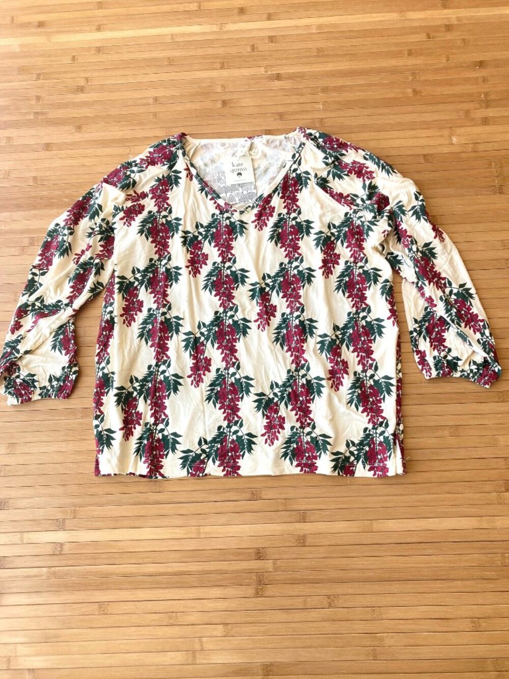 Kate Quinn V-Neck Gathered Sleeve Shirt Bamboo Womens Large L Wisteria NWT